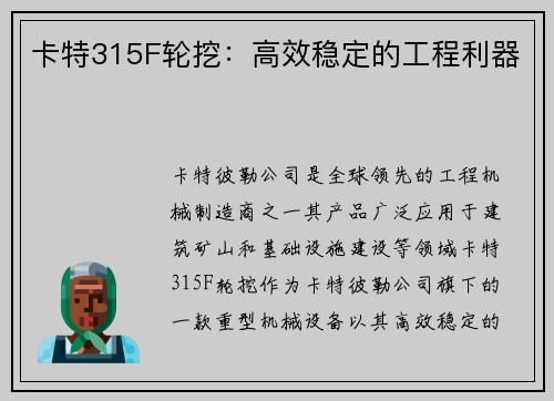 卡特315F轮挖：高效稳定的工程利器