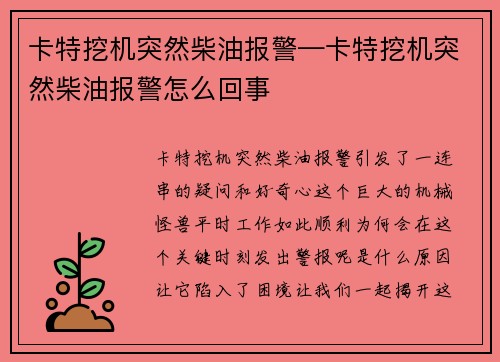 卡特挖机突然柴油报警—卡特挖机突然柴油报警怎么回事